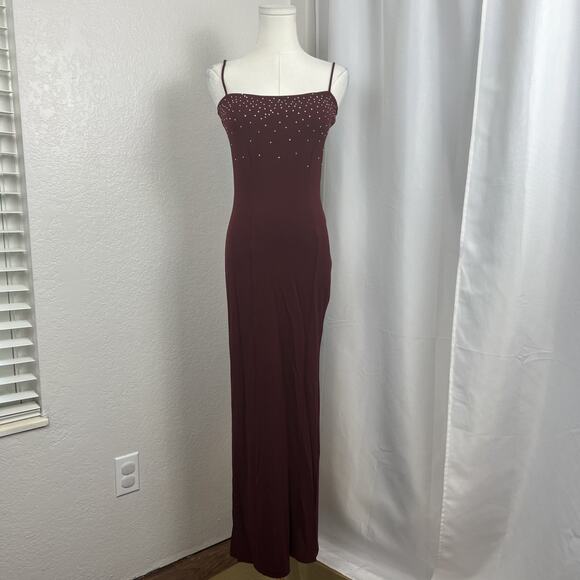 VTG Betsey Johnson Maxi Dress Womens P Small Burgundy Rhinestone Y2K Formal Prom - Picture 1 of 14